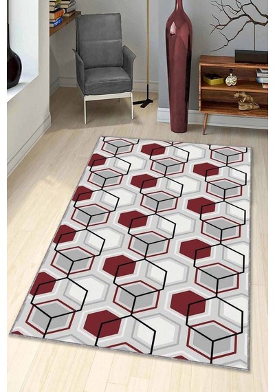 Bordo Petek Kaymaz Tabanlı Makinede Yıkanabilir Halı Be01n11