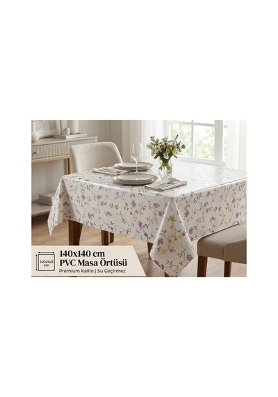 Kır Çiçekli Pvc Muşamba Masa Örtüsü 140x140 Cm Ekru