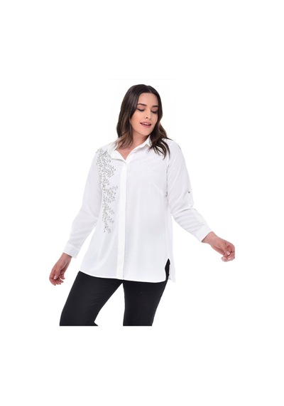 Hanezza Kadın Büyük Beden Beyaz Jesica Krep El Işi Işlemeli Abiye Gömlek Beyaz - 108776863 Beyaz