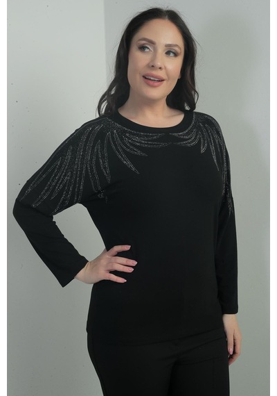 By Saygı Kadın Taşlı Kanat Model Likralı Çilek Büyük Beden Bluz-40371 Siyah