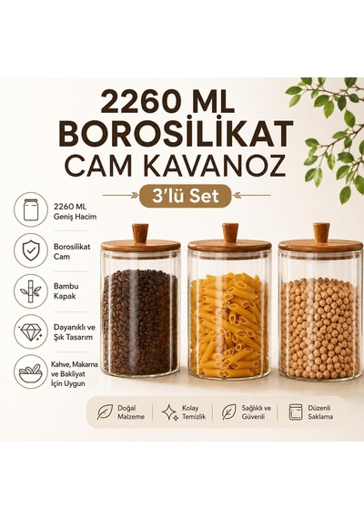 3'lü 2260 Ml Borosilikat Cam Kavanoz Seti, Ahşap Kapaklı Büyük Boy Mutfak Saklama Kabı, Kahve, Bakliyat, Makarna,