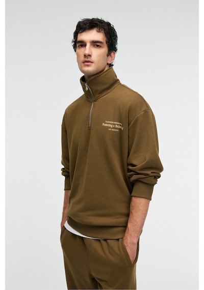 Grımelange BRAM Erkek %100 Pamuk Dik Yakalı Yarım Fermuarlı Baskılı Haki Sweatshirt
