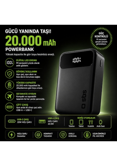 Sbs 20000 Mah Powerbank 20w Pd Hızlı Şarj Lcd Ekranlı Usb-c & Usb-a Taşınabilir Harici Batarya Siyah 20.000 Mah