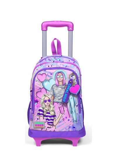 Coral High Kids Pembe Mor Fashion Girl Desenli Üç Bölmeli Çekçekli Okul Sırt Çantası 23955