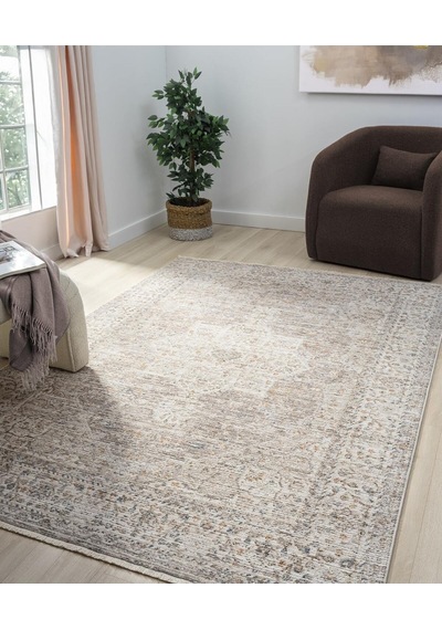 Mariesse Home Vintage Eskitme Desenli Makine Dokuma Salon Oturma Odası Halısı 10204 Bej
