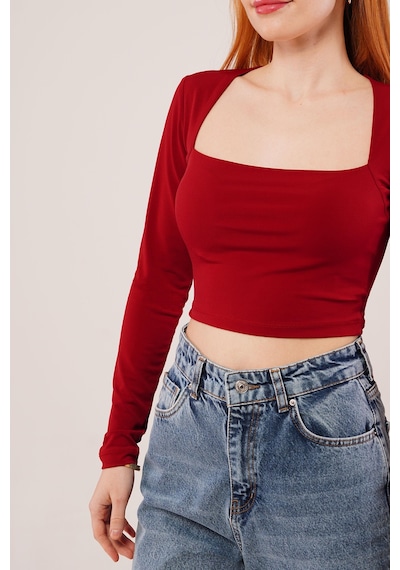 Ge Ticaret Kare Yaka Basic Bordo Bluz Bordo