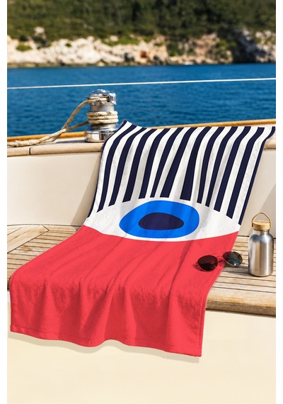 Geometrik Nazar Temalı Plaj Havlusu - Minimalist Marine Kırmızı Mavi Hızlı Kuruyan Mikrofiber Havlu Serin Tozu