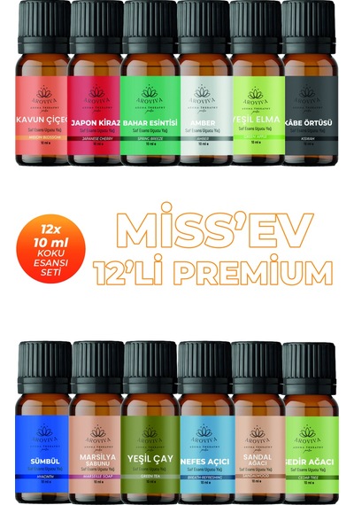 Miss Ev Esansiyel Uçucu Koku Yağı Buhurdanlık Yağı Difüzör Esansı 12'li Set 12x10ml Karışık