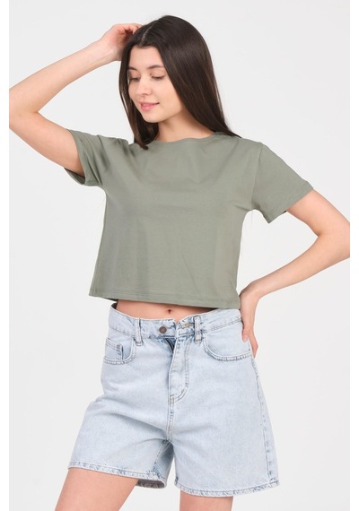 As Collection Yeşil Bisiklet Yaka Kısa Kol Örme Kadın Crop 001