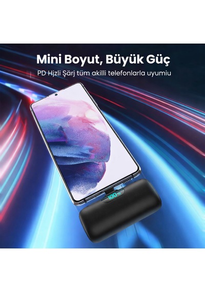 Direkt Telefona Takılan Mini Powerbank 5000 Mah Type-c Girişli Tüm Cihazlarla Uyumlu, Led Ekranlı, Standlı 5000 Mah