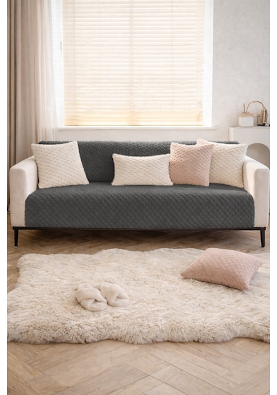 Soft Kürklü Koltuk Örtüsü 170x215 Cm Yumuşak Peluş Kaymaz Taban Kanepe Örtüsü Antrasit
