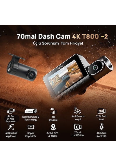 70mai T800-2 Ön Kamera +iç Kamera + Rc24 Arka Kamera 128gb