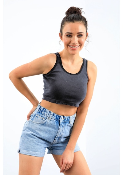 Tommy Life Lacivert Melanj Basic Sıfır Kol Dar Kalıp U Yaka Kadın Crop Top Atlet - 97162 Lacivert
