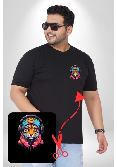 Angemiel Kulaklık Kedi Leopar Bandana Siyah Büyük Beden Kadın Basic Minimal Baskılı Tişört Siyah
