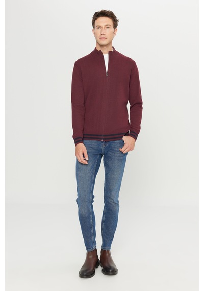 AC&Co / Altınyıldız Classics Erkek Bordo Pamuklu Standart Fit Normal Kesim Dik Yaka Triko Ceket Bordo