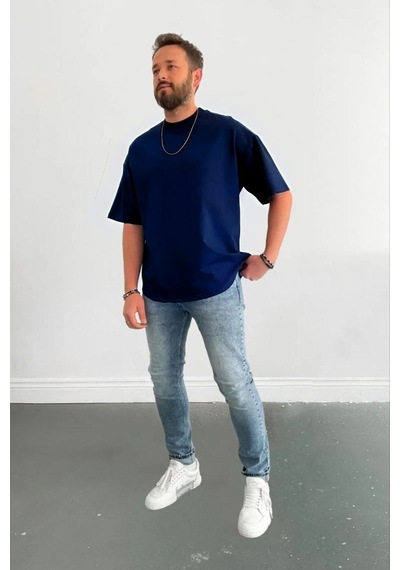Flood Of Style Erkek Penye Yazlık Oversize Kısa Kollu Nefes Alan Lacivert