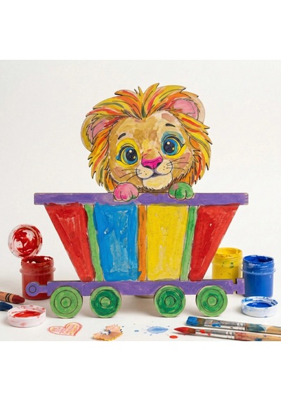 Boyanabilir Ahşap Vagonlu Aslan Figürü 13x13 Cm 10 Adet