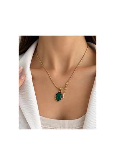 316l Çelik Gold Kadın Kolye Yeşil Oval Taşlı Minimal Kolye Altın Altın