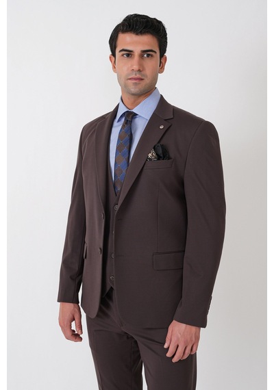 Efor Slim Fit Esnek Pamuklu Dokulu Kahverengi Yelekli Takım Elbise Tk 959