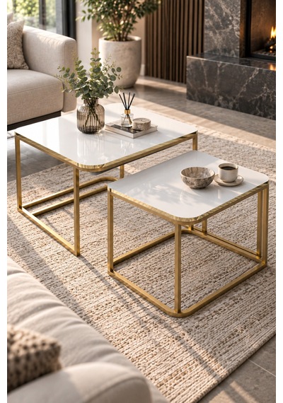 Sulorahome Damla İkili Orta Sehpa Seti Beyaz Ve Gold Altın - Beyaz