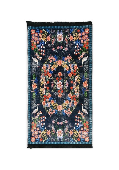 Lacivert Çiçekli Vintage Halı Kanaviçe Görünümlü Bambu Kumaş