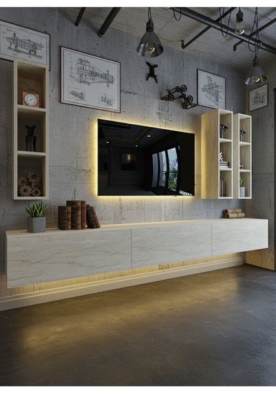 Resital Ledli Duvara Monte Tv Sehpası - Traverten - W6006-8 Traverten