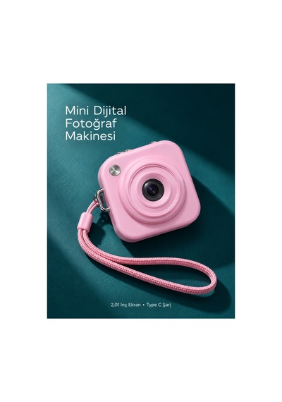 1. Cep Boy Pembe Dijital Fotoğraf Makinesi 2,01 İnç Ekran Ve Type C Şarj Pembe