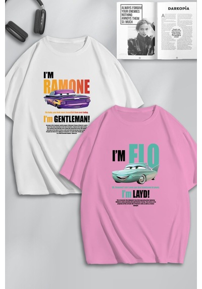 Unisex Kadın Erkek Ramone,flo Layd Ve Gentleman Baskılı Sevgili Çift Kombini Tasarım Oversize Tshirt Beyaz Pembe Mck0506 Beyaz Pembe