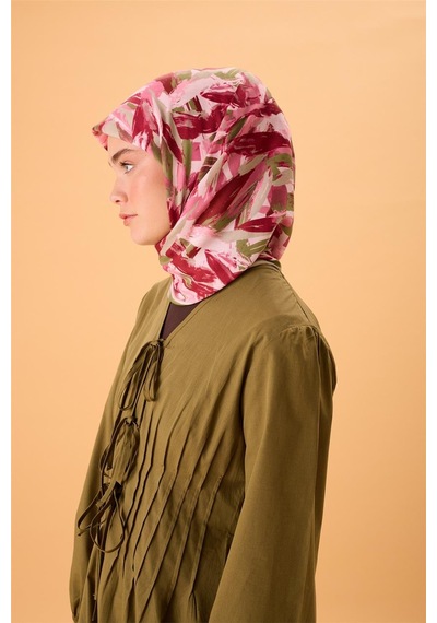 Silk Home Organik Pamuk İpek Eşarp Su Yeşili-pembe-çilek Kırmızısı Desenli Kaymaz Tok Duruşlu 90x90 Çok Renkli