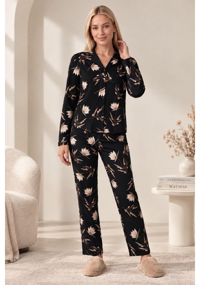 Gd Goldoremi 30185 Kadın Premium Uzun Kollu Önden Düğmeli Pijama Takım Siyah