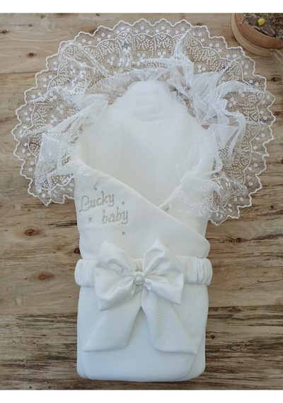 Dantelli Özel Taçlı Bebek Kundağı Unisex Bebek Dış Kundak Battaniyesi Hastane Çıkışı Hediyelik Knd45237 Ekru