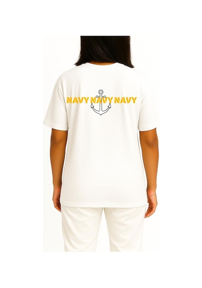 Bahriyeli Collection Oversize Chest Trio Navy Anchor Göğüs Ve Sırt Baskılı Unisex T-shirt Beyaz