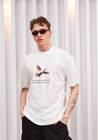 Unisex Bisiklet Yaka Baskılı Oversize T-shirt - Siyah Beyaz