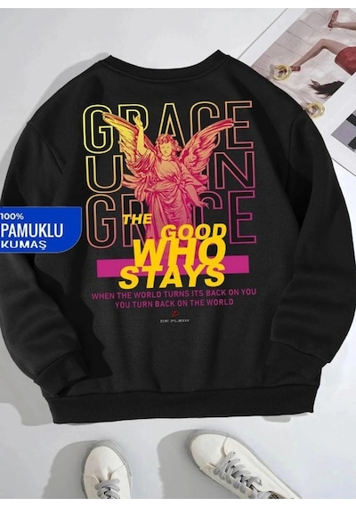 Startmore Siyah Oversize Goog Grace Baskılı Pamuklu Kapşonsuz 0 Yaka Unisex Sweatshirt Siyah