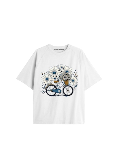 Kalic Studio Kadın Çiçek Özel Baskılı Renkli Oversize Penye Pamuklu Bisiklet Yaka T-shirt Beyaz-10