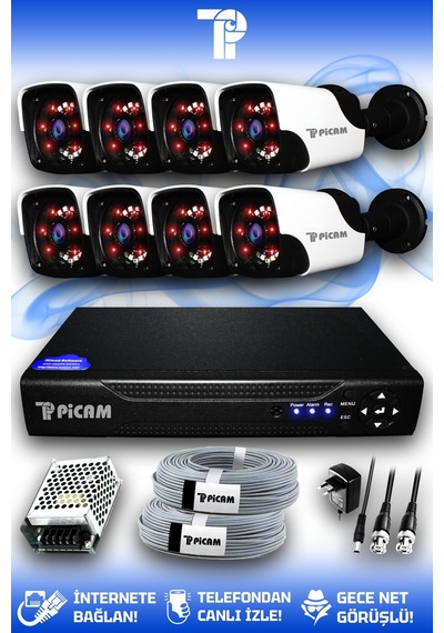 Picam 8 Kameralı Panda 8 Dış Kamera Set HDD'siz Full HD Gece Görüşlü Güvenlik Kamerası Sistemi