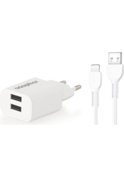 Adapthor Tta521dıu 10w 5v 2.1a Çift Usb + Apple Uyumlu iPhone To Usb 3a Kablolu Set Beyaz 10 W