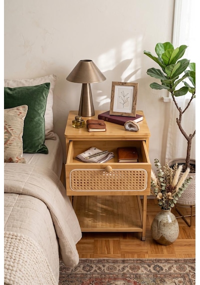 Robin Home Bambu Hazeranlı Rattan Çekmeceli Komodin Yan Sehpa Bej