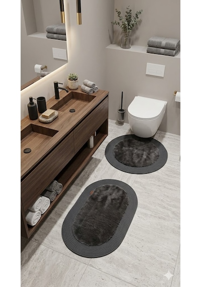 Rabbit Soft Hasır Dekoratif Klozet Takımı / Banyo Paspası / Modern / Şık /lüx / Banyo Halısı Antrasit