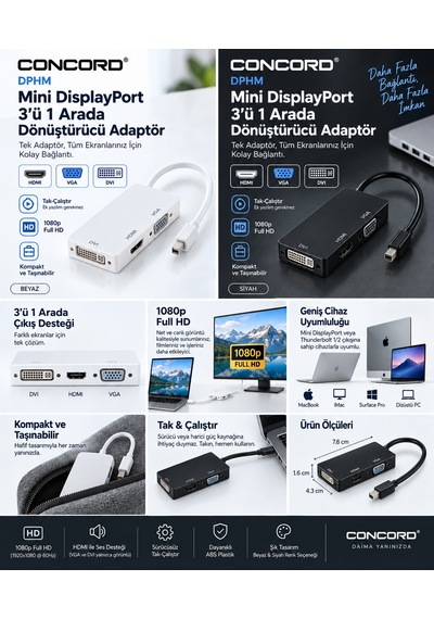 Concord Dphm Mini Displayport Thunderbolt - Hdmı Vga Dvı 3'ü 1 Arada Dönüştürücü Adaptör Siyah