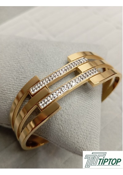 Üç Sıra Zirkon Taşlı Kelepçe Bileklik Gold