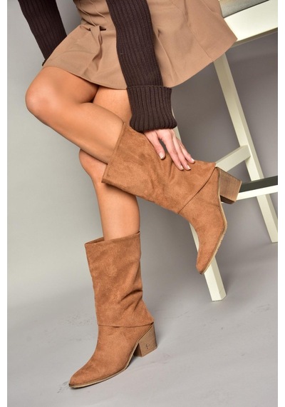 Fox Shoes T936042502 Taba Kalın Alçak Topuklu Kadın Bot Taba-Süet Taba