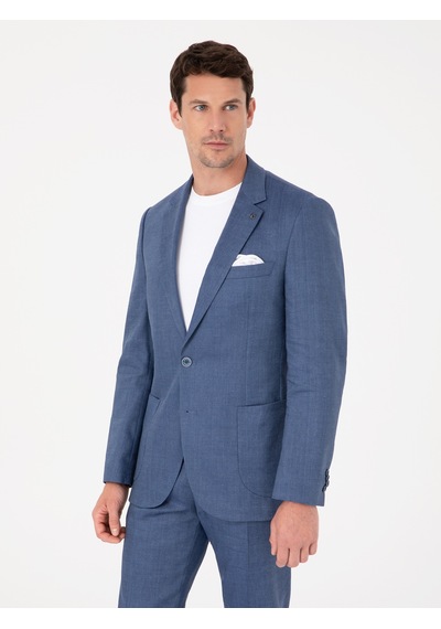 Cacharel İndigo Slim Fit Keten Yün Karışımlı Mikro Desen Mono Yaka Takım Elbise Mavi