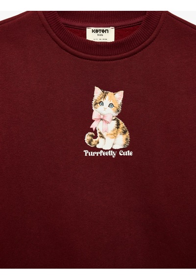 Koton Üç İplik Şardonlu Uzun Kollu Bisiklet Yaka Kedi Baskılı Sweatshirt Bordo 7wkg10259ak