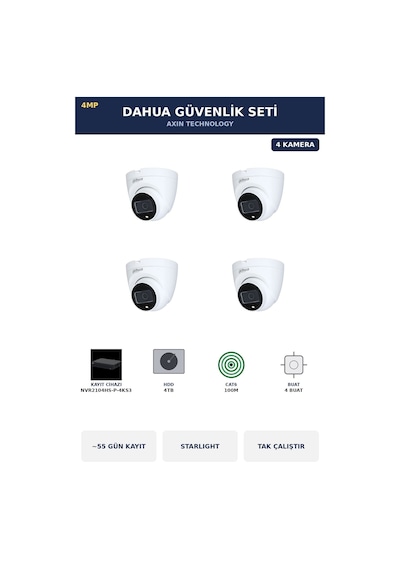 Dahua 4 Kameralı 4mp Güvenlik Kamera Seti 4mp Ip Poe Starlight Dome İç Mekan 4tb 55 Gün Kayıt