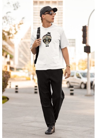 Erkek Özel Baskılı Modern Fit %100 Pamuk Bisiklet Yaka T-shirt Beyaz