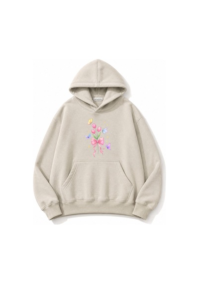 Herkesemoda Lale Çiçek Baskılı Kapüşonlu 2 İplik Şardonlu Sweatshirt Bej