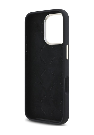 Apple iPhone 16 Pro Max Kılıf Guess Lisanslı Yazı Ve Taşlı 4g Logo Metal Kamera Çerçeveli Silikon Siyah