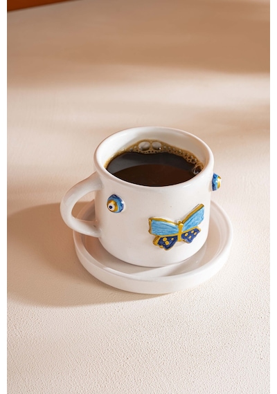 Rivaistanbul Kelebek Amore El Yapımı Seramik Double Kahve Fincanı Mug Kupa Krem