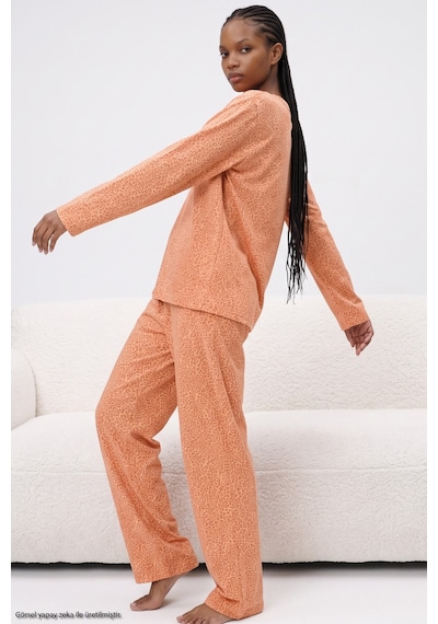 Siyah İnci Leopar Baskılı Örme Pijama Takım 8078 Somon Leopar